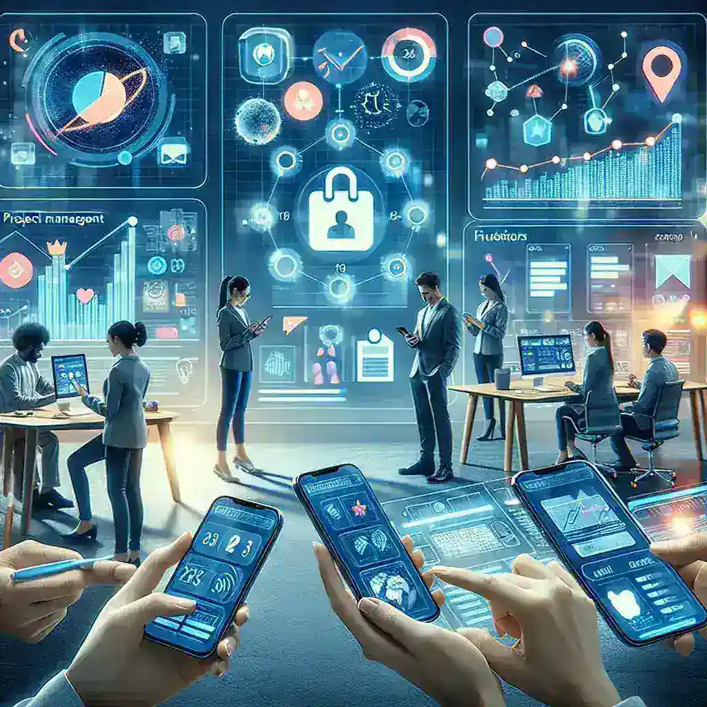 "Team collaboration on project management app interface, showcasing task assignments and productivity tools in 2024."