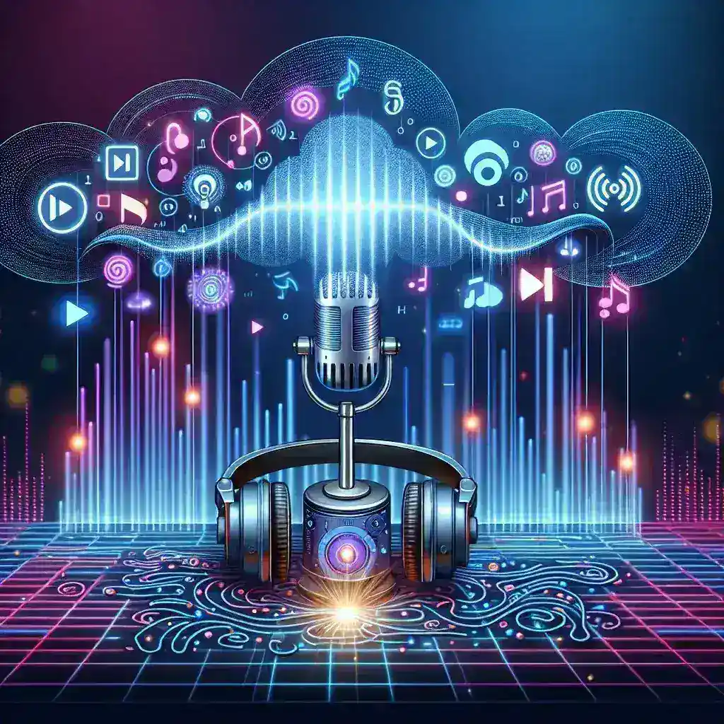 "AI technology transforming podcast production, showcasing a diverse group of podcasters using advanced audio tools and software to create high-quality audio content in a modern studio setting."